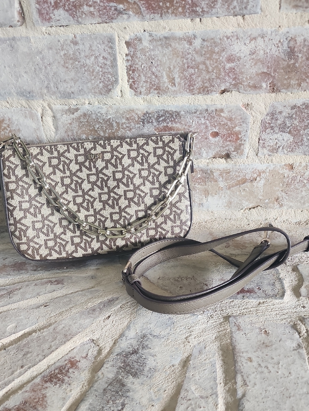 Beige Patterned Crossbody Bag with Chain Accent